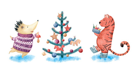 Card with watercolor illustration of a funny stylized hedgehog in a knitted sweater, and tiger (symbol of 2022 on the Chinese calendar) who comes with a box of toys to decorate the Christmas tree. 
