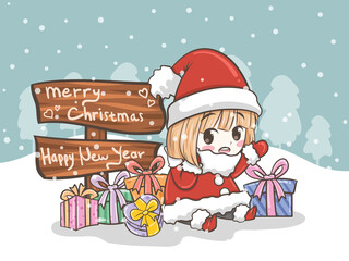 cute Santa girl Christmas greeting illustration