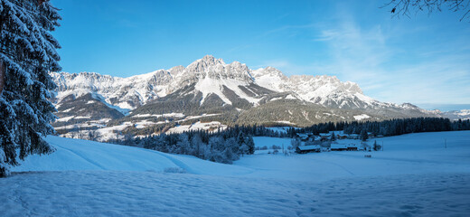 winter scenery tirol, view from hiking trail hartkaiser to Wilder Kaiser mountains - obrazy, fototapety, plakaty