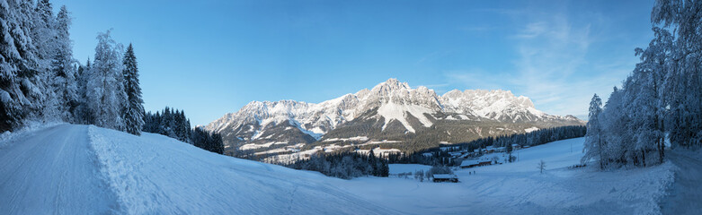 winter scenery tirol, view from hiking trail hartkaiser to Wilder Kaiser mountains