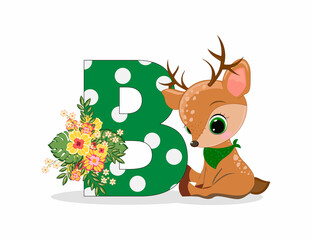 Cute Cartoon little reindeer with letter B. Perfect for greeting cards, party invitations, posters, stickers, pin, scrapbooking, icons.