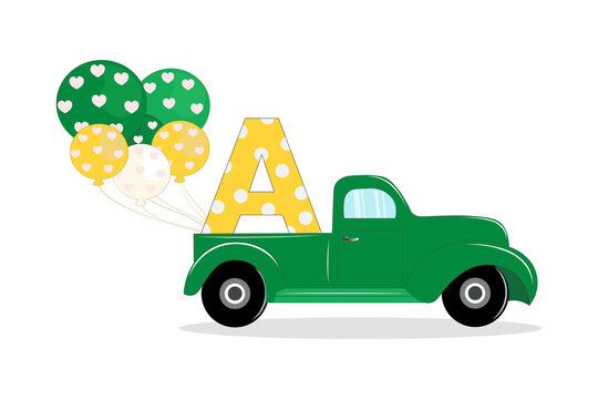 Cute Cartoon pickup truck with letter A. Perfect for greeting cards, party invitations, posters, stickers, pin, scrapbooking, icons.