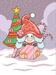 cute gnome girl illustration with Christmas gift box