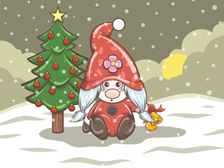 cute gnome girl illustration holding Christmas bell