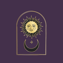 Vintage Mystic Sun and half Moon illustration with decorative arch