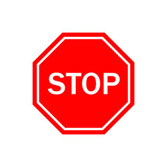 Stop sign. Icon of stop for traffic. Red octagon for road and street. Symbol of warning isolated on white background. Illustration for danger, safety, highway, caution. Banner for restricted. Vector