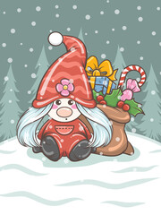 cute gnome girl illustration with Christmas gift bag