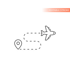 Airplane flight route with location pin vector icon. Outline, editable stroke.