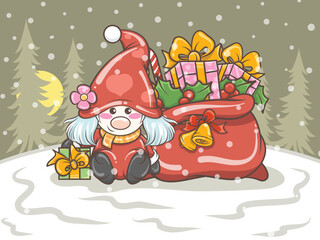 cute gnome girl illustration holding christmas bell