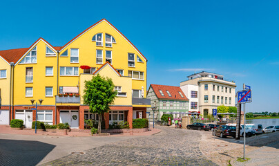 Panoramic view over old historical downtown, harbor in Schoenebeck, Bad Salzelmen, Salzlandkreis at Elbe River, Germany, at blue summer sky and sunny day.