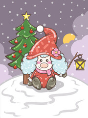 cute gnome girl holding a lantern Christmas illustration
