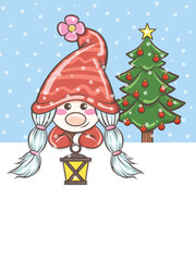cute gnome girl holding a lantern Christmas illustration