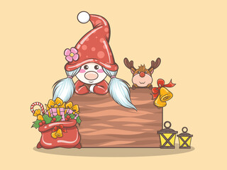 cute gnome girl with deer merry Christmas illustration
