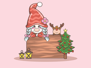 cute gnome girl with deer merry Christmas illustration