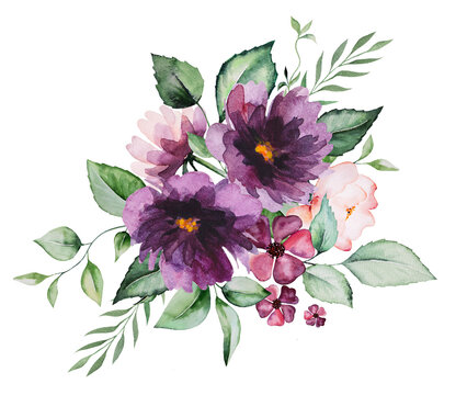 Watercolor purple flowers and green leaves bouquet illustration