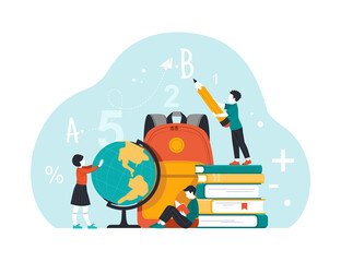 Back to school. Vector cartoon illustration in flat style of three schoolchildren in different actions (reading, writing, studying the globe) against the abstract background with school supplies.