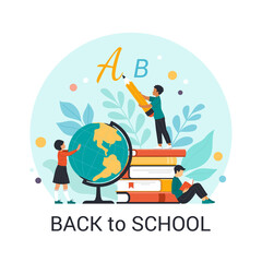 Back to school. Vector cartoon illustration in flat style of three schoolchildren in different actions (reading, writing, studying the globe) against the abstract background with school supplies.