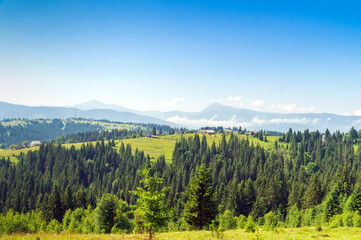 Summer mountainous rural landscape with a view of the village and the mountain Hoverla Carpathian Ukraine