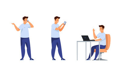 Obraz premium Student communicates and learns online different activities set. Young man with smartphone conducts dialogue and prints message. Sits at laptop and asks web questions. Vector flat template