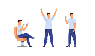 Obraz na płótnie Canvas Joyful young man different activity set. Guy cheerfully raises his hands welcoming friends. Communicates in mobile online chat sitting on armchair. Waves his hand. Vector cartoon template