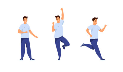 Fototapeta na wymiar Cheerful sporty student different poses and activities set. Young man in jeans and tshirt jumps happily at good news and shows like gesture. Jogging in morning. Vector cartoon template