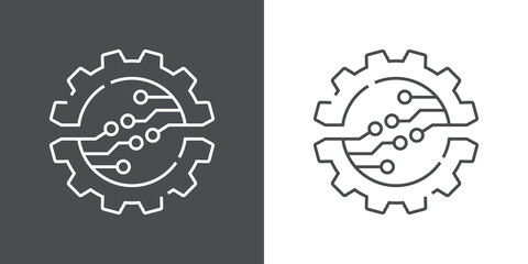 Tecnología electrónica. Logotipo con engranaje con circuito digital con lineas en fondo gris y fondo blanco