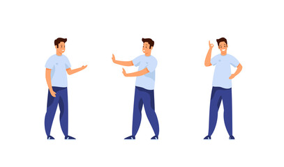 Young man various gestures set. Guy in jeans and tshirt emotionally proves point of view and refuses with his arms from proposed product. Joyfully shows the sign okay. Vector cartoon template