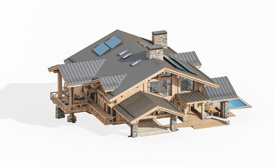 3d rendering of modern cozy chalet with pool and parking for sale or rent. Massive timber beams columns. Clear sunny summer day. Isolated on white