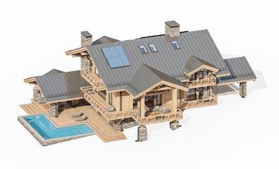 3d rendering of modern cozy chalet with pool and parking for sale or rent. Massive timber beams columns. Clear sunny summer day. Isolated on white