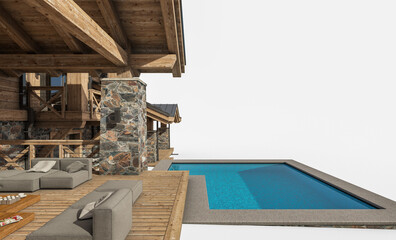 3d rendering of modern cozy chalet with pool and parking for sale or rent. Massive timber beams columns. Clear sunny summer day. Isolated on white