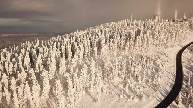 Dlog Drone view of the Feldberg Taunus Schmitten area during a cold winter day. Trees covered in snow and ice. Forrest in snow. Filmed during sunrise. Snow is wonderfully coloured in orange and red.