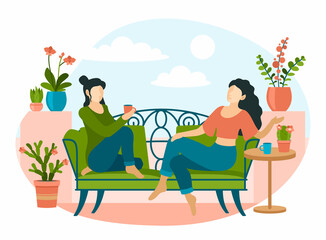 Women sitting on decorative sofa in interior indoor plants. Two girls drinking tea and talking in relaxing environment of natural decor. Large window overlooking sky. Vector flat illustration