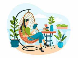 Woman on hanging chair is reading book. Female character sits relaxed surrounded by scandinavian interiors and houseplants. Selfstudy on cozy balcony in natural decor. Vector flat illustration