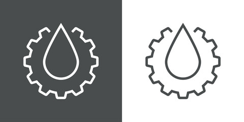 Icono plano engranaje con gota de líquido con lineas en fondo gris y fondo blanco