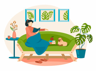 Woman reading book on sofa covered with blanket. Female character is resting on vintage couch next to pug. Boho style leaf paintings on wall and home interior plants. Vector flat illustration