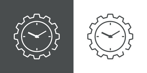 Icono plano engranaje con esfera de reloj con lineas en fondo gris y fondo blanco