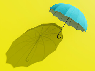 Open blue umbrella with shadow on a yellow background. Place for text .3d illustration. Background texture