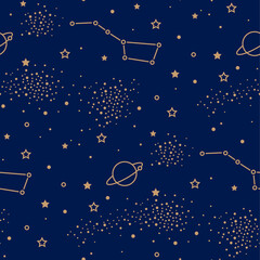 Seamless pattern with magic night sky. Gold planet, stars and constellations on a dark blue background. Ursa Major in space. © Natalia Solovey