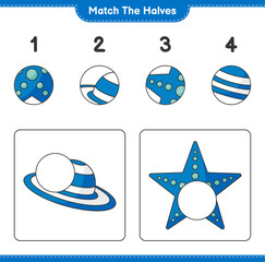 Fototapeta premium Match the halves. Match halves of Summer Hat and Starfish. Educational children game, printable worksheet, vector illustration