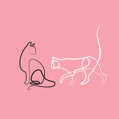 Black and white cat, one line art on a pink background