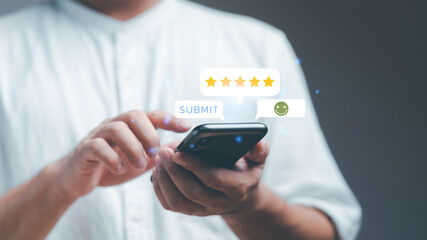 Customer service and Satisfaction ,Business people man giving Feedback via the Internet. Positive Review. Client Satisfaction Surveys