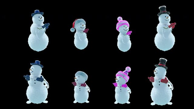 Merry christmas and happy new year, 3d rendering, Snowman Dancing, Animation Loop, cartoon, included in the end of the clip with Alpha matte.