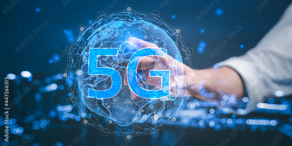 Poster businessman pressing on the world of 5g, concept of future technology 5g network wireless systems an