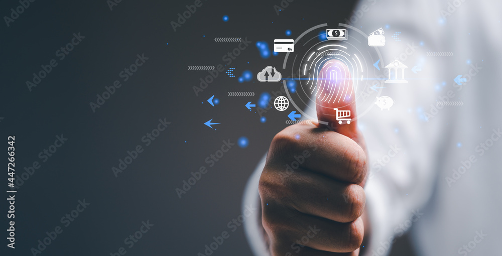 Aufkleber futuristic digital processing of biometric identification fingerprint scanner for access personal financial data. surveillance and security scanning of digital programs cyber futuristic applications