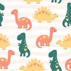 Seamless kids pattern Dinosaurs with heart on pink striped backdrop. Vector children background.