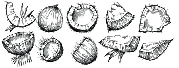 Vector coconut hand drawn Sketch. Vector tropical food illustration. Vintage style. The best for design logo, menu, label, icon, stamp.
