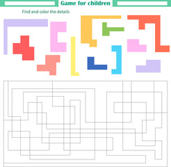  A game for children. Worksheet. Find and paint parts by sample color