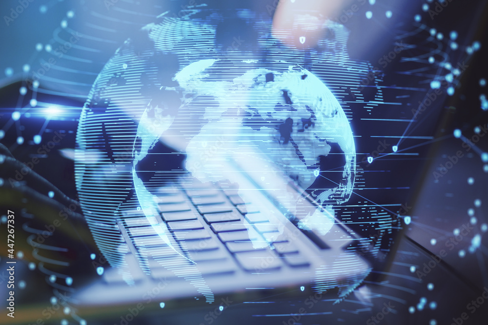 Aufkleber Close up of hands using laptop with abstract globe interface on blurry desktop background. International communication and business concept. Double exposure.