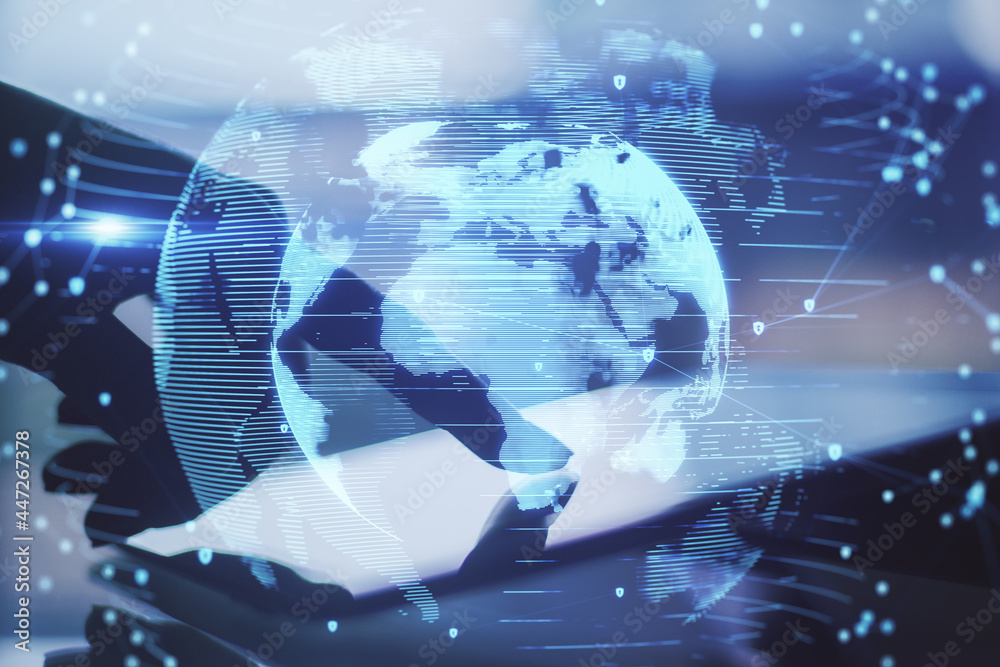 Poster Close up of hand pointing at tablet with abstract globe interface on blurry desktop background. International communication and business concept. Double exposure.