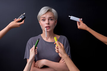 Tobacco, smoking and unhealthy lifestyle concept. confused young caucasian woman with cigarette in...
